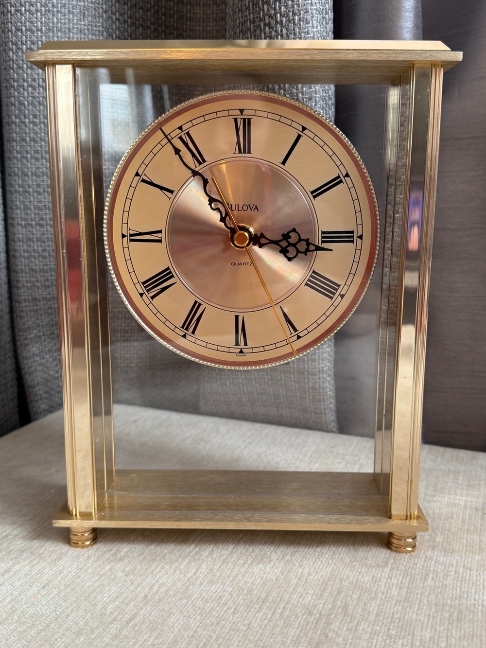 Bulova Gold Tone Glass Mantel Clock with Roman Dial